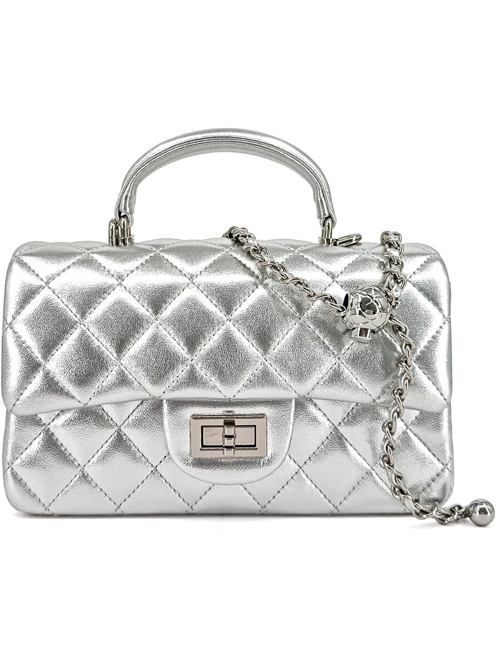 🆕 Metallic Silver Quilted Lambskin Mini Hand Bag Top-Handle Crossbody Chain NWT